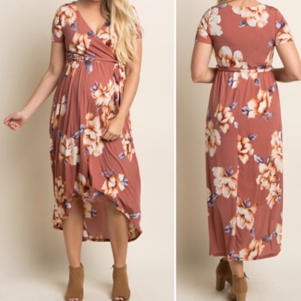 Pink Blush Rust Floral Hi-Low Maternity Wrap Dress Belt Stretch Soft Size Small